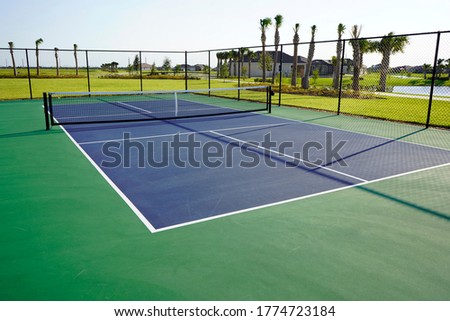 Blue and Green Pickleball Pickle ball Court with blue sky and palm trees.                              Royalty-Free Stock Photo #1774723184