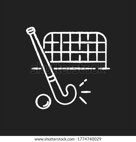 Field hockey chalk white icon on black background. Indian national game. Active pastime. Team sport. Sports equipment and goals. Hockey stick and ball. Popular activity. Isolated vector chalkboard