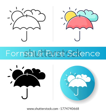Meteorology icon. Natural science, weather forecasting. Linear black and RGB color styles. Scientific study of atmosphere. Umbrella with sun and cloud isolated vector illustrations