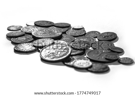 Ancient coins of the Russian Tsarist Empire. Collectible background on an isolated background! Numismatics of old money. Stock photo for design