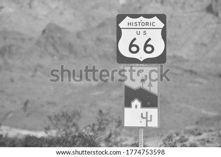 Oatman Sign, a Wild West Ghost Town in black and white. On U.S. Route 66 in the Black Mountain Range of the Sonoran Desert, Arizona USA Royalty-Free Stock Photo #1774753598