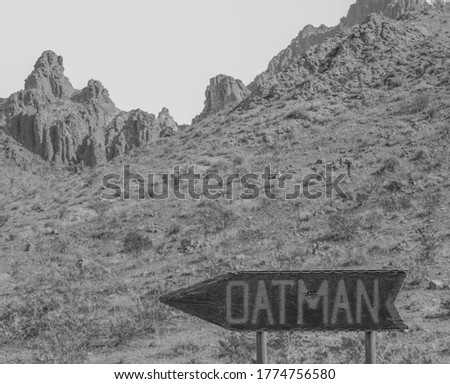 Oatman Sign, a Wild West Ghost Town in black and white. On U.S. Route 66 in the Black Mountain Range of the Sonoran Desert, Arizona USA
 Royalty-Free Stock Photo #1774756580