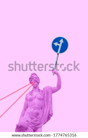Greek violet goddess holds a road sign in her hand and emits laser beams from her eyes