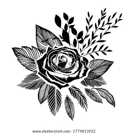 A beautiful monochrome rose with graphic black leaves. Vector illustration