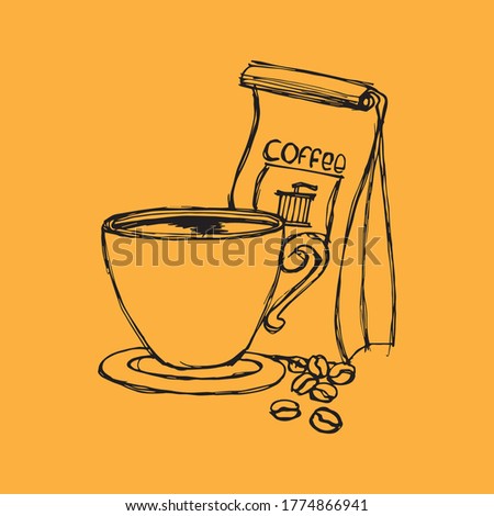 Hot coffee, illustration of coffee beans and refreshing flavored drink, vintage style.