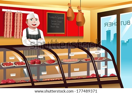 A vector illustration of butcher in a meat shop