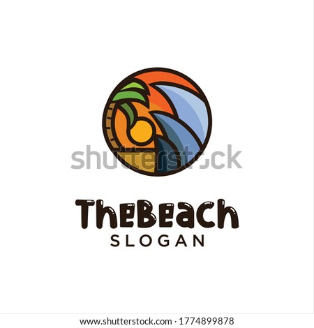 Sun Beach Logo Design Vector. Beach landscape Palm Tree Logo Design Nature. Holiday Logo Design Badge Concept.