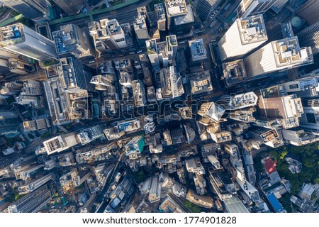 City Top View of Skyscrapers Building by drone Hong Kong city - Aerial view cityscape flying above Hong Kong City development buildings