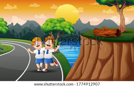 Funny two boys walking to school