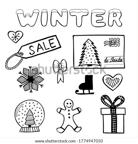 Set of simple hand drawn vector illustrations in black and white doodle style Winter time