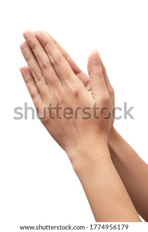 Praying hand sign, two woman's palm are clasped all together. hand language concept