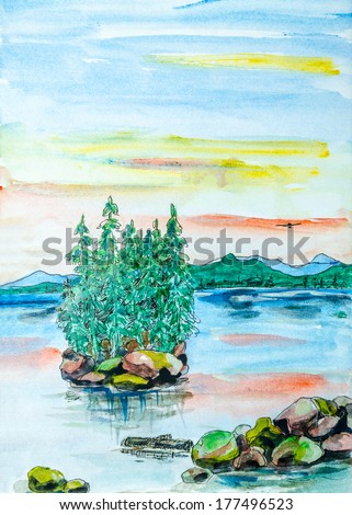 Mountain landscape with lake (ocean, river), island, rocks, stones and trees painted by watercolor.