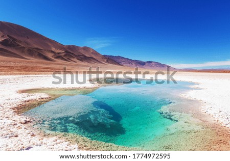 Salt water pool in Salinas Grandes Salt Flat - Jujuy, Argentina. Unusual natural landscapes. Royalty-Free Stock Photo #1774972595