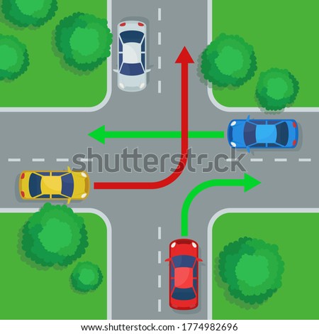 Crossroads with moving cars in directions, top view. Cars turn at the intersection, violating the rules of the road. Vector illustration, flat design, cartoon style. Royalty-Free Stock Photo #1774982696