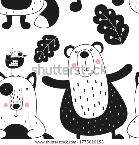 Monochrome seamless pattern for nursery decor, babe apparel, package. Woodland animals - bear, fox, bird on white background. Vector illustration. Pattern is cut, no clipping mask.
