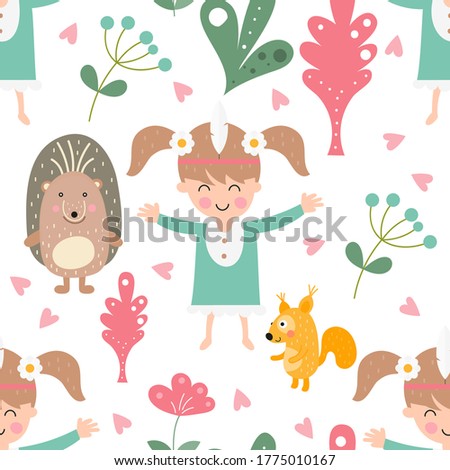 Seamless pattern for girl nursery design. Cute little girl, hedgehog, squirrel, plants on white background. Great for kids apparel, wallpaper. Vector illustration. Pattern is cut, no clipping mask.