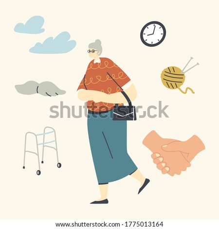 Seniors Help and Support Concept. Old Grey Haired Woman in Glasses Walk Outdoors. Aged Female Character Walking Frame, Knitting Hobby and Leisure Time in Nursing Home. Cartoon Flat Vector Illustration
