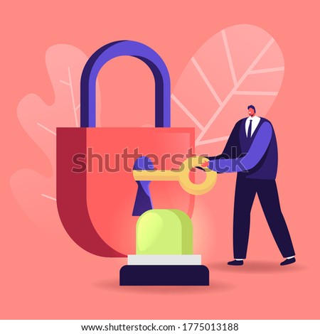 Security, Safety, Private Property Protection Concept. Tiny Male Character Close on Key Huge Padlock with Signaling beside. Secrecy, Secure Protecting, Home Defense. Cartoon Vector Illustration Royalty-Free Stock Photo #1775013188