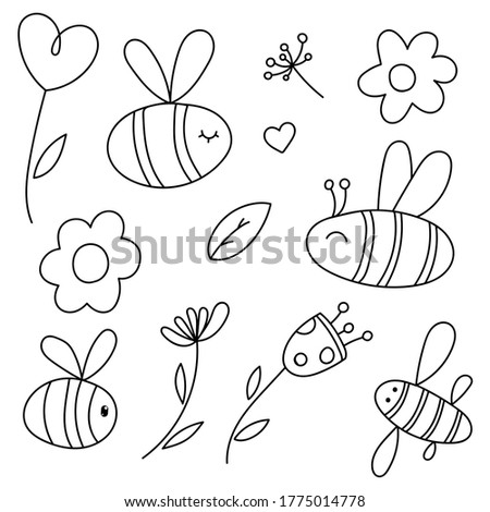 striped bees with wings, insect, flowers, hearts, kids doodle vector illustration, set of elements, coloring book