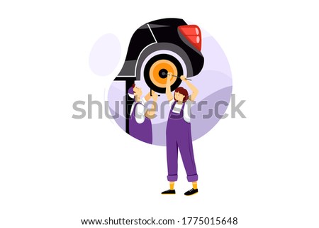 Mechanic man repairing automobile with woman in auto service. Vector Illustration concept.