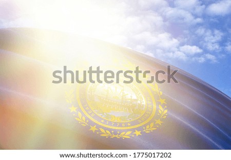 flag of State of New Hampshire against the blue sky with sun rays