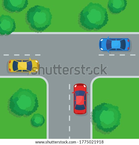 T-intersection,  T-junction. Crossroads in city, top view. Cars on the t shaped intersection. Vector illustration, flat design, cartoon style.