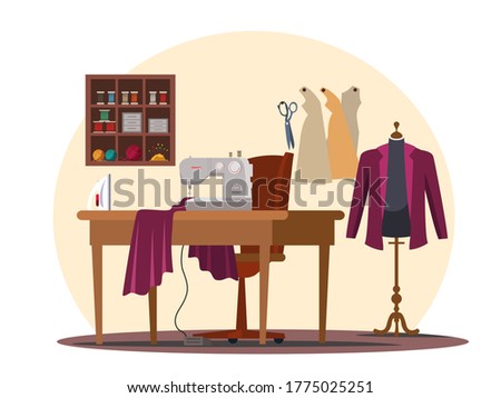 Tailor atelier workshop room vector interior design with sewing machine on table, scissors and shelves with tool hanged on wall, mannequin, tailored clothes, iron. Workflow process. Garment creation