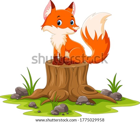 Cartoon happy fox sitting on tree stump