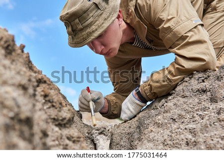man archaeologist or paleontologist gently cleans the fossil bone found in the ground with a brush                Royalty-Free Stock Photo #1775031464