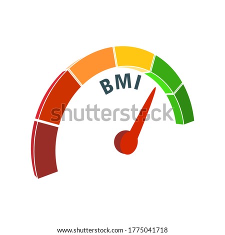 Body mass index meter read level result. Color scale with arrow from red to green. The measuring device icon. Colorful infographic gauge element.