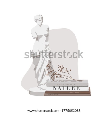 Statue of a woman along some poetry books and dry flowers.