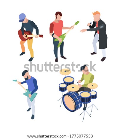 Rock band. Isometric musician people with instruments guitars drum and microphone vector rock concert characters