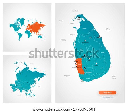 Editable template of map of Sri Lanka with marks. Sri Lanka on world map and on Asia map.