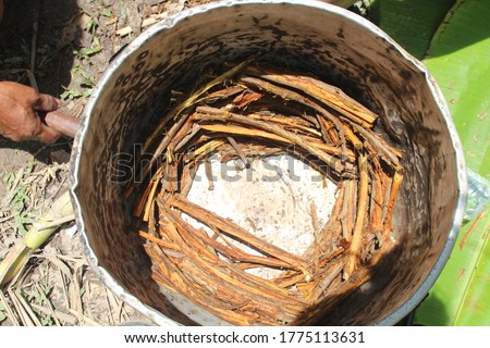 Close up of ayahuasca roots in a pot ready to be boiled