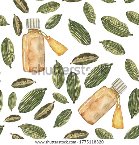Seamless pattern of essential oil with сardamom spice isolated on white background. Watercolor hand drawing illustration for medical herb, mulled wine, medicine, aromatherapy.