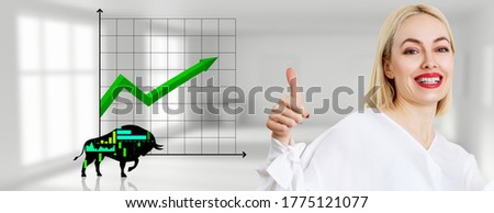 Business blonde woman shows thumbs up gesture near black silhouette bull financial icon.