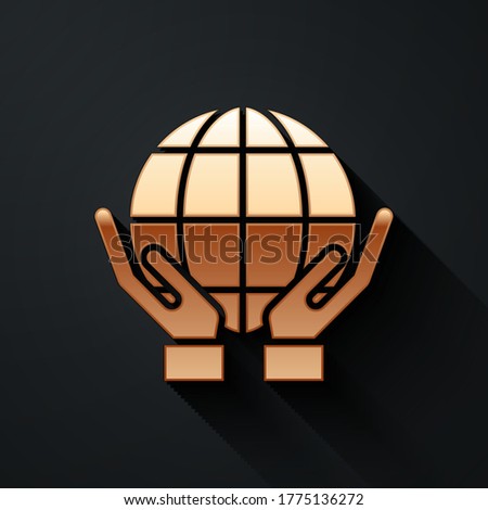 Gold Human hands holding Earth globe icon isolated on black background. Save earth concept. Long shadow style. Vector Illustration