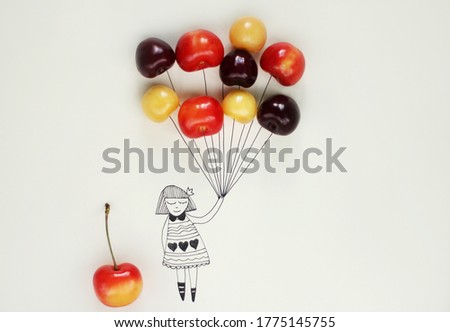 Illustration drawing of a girl holding real cherries like "balloons"