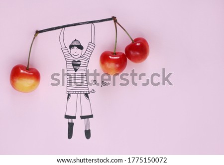 An illustration drawing of a boy who raises barbell of real cherries over his head