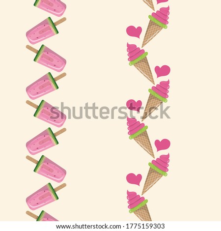 Summer Ice Cream Cones and Popsicle Sticks Vector Seamless Vertical Borders Set