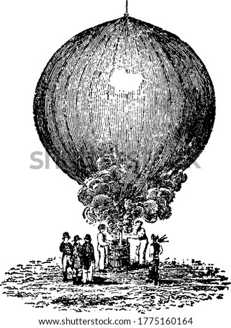 A typical representation of a hot air balloon, lighter-than-air aircraft, found on the ground and surrounded by men, vintage line drawing or engraving illustration.