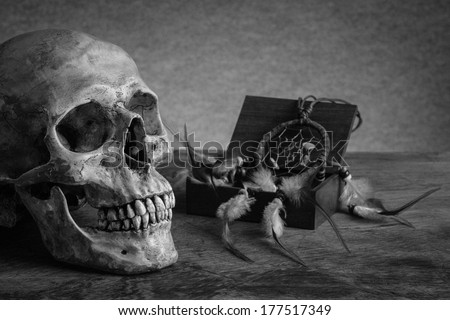 Still life with human skull and dream catchers in wooden box
