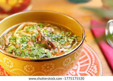 Homemade meat broth with noodles and meat. Appetizing dish. Suggestion of serving a dish. Culinary photography.
