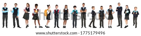 Children in school uniforms on white background. Banner design Royalty-Free Stock Photo #1775179496