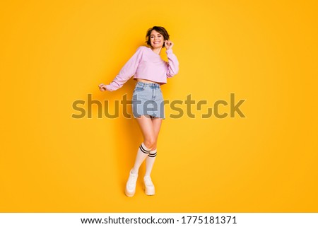 Full body photo of funny cute sweet girl enjoy fall weekend free time close her eyes because of rejoice wear good look pullover footwear isolated over bright color background