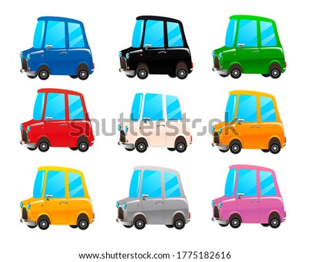 Set of multicolored toy cars. Cartoon car red, grey, blue, yellow, black, white, orange, pink, grey modern super sports cars - side view - 3D Illustration