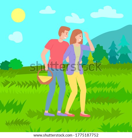 Family weekend happy smiling people together in the park cartoon vector illustration. Young family walking, rest at natureon the vacation. Couple woman and man carries a basket of picnic products