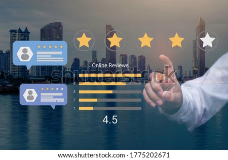 Hotel review online by consumer concepts with bubble people review comments and rating or feedback for evaluate. Royalty-Free Stock Photo #1775202671