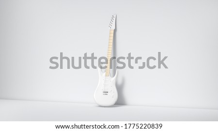 Blank white electric guitar mockup, stand near wall, 3d rendering. Empty music bass chitarra for jazz player mock up. Clear electronic instrument for song or melody mokcup template.
