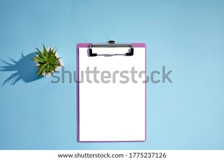 blank empty clipboard with plant on blue background. mockup